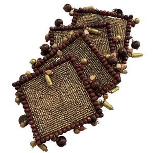 Z Gallerie Bronze Beads Wooden & Gold Bead Dangle Charms Trim Coasters Set of 4